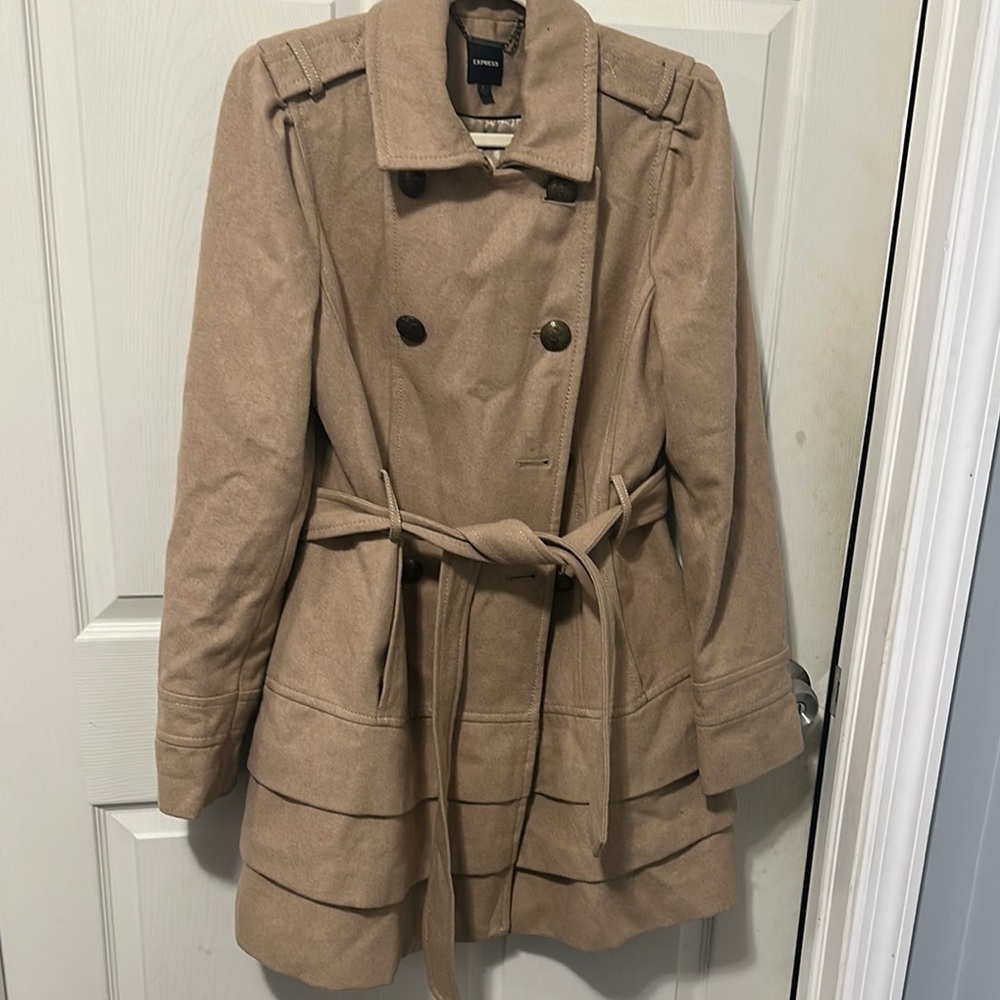 Express Tan Trench Coat with Belted Waist and A-Line Silhouette
